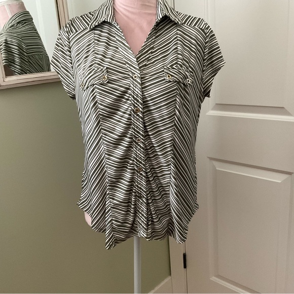 ROZ&ALI, GREEN AND WHITE STRIPED BLOUSE, SIZE L - Picture 1 of 9